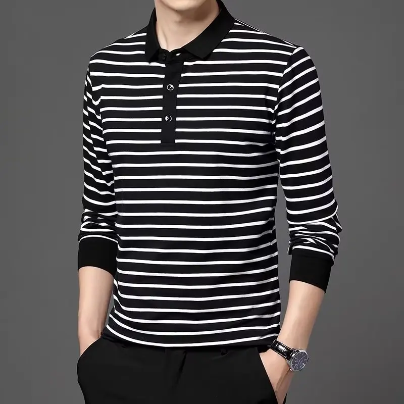 

Spring Autumn Men's Long Sleeve Polo Shirt Stripe Contrast Lapel Slim T-shirt Fashion Casual Handsome Printed Bottoming Shirt
