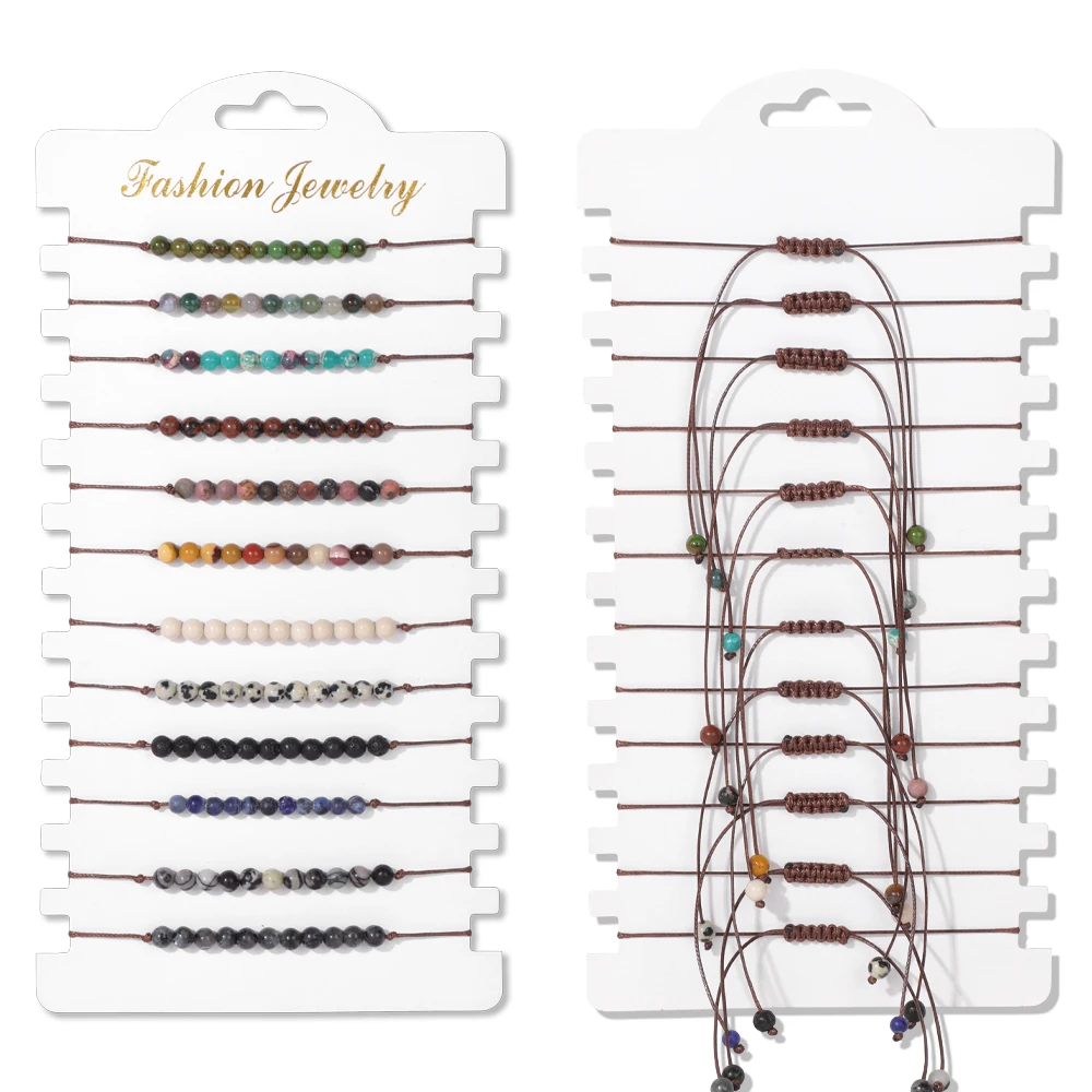 Colorful Natural Stone Adjustable Rope Bracelets - Handmade Bohemian Set with Cards (12 Pieces)