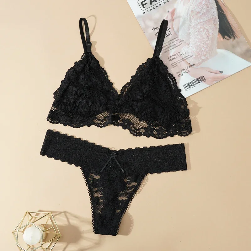 thumbnail image 1 of Conjunto de Sujetador de encaje para mujer, ropa interior Sexy sin aros, Tanga calado, transparente, sin costuras, 1 of 5