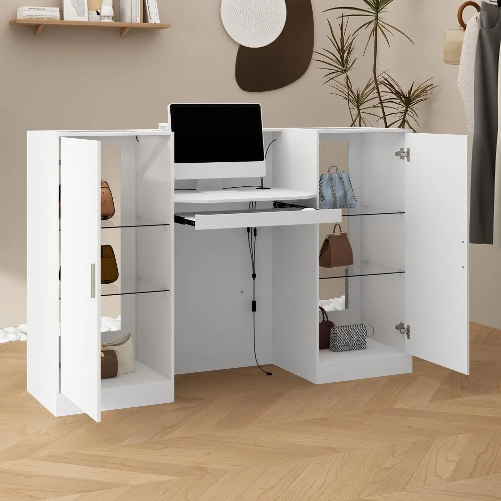 59.1 Inch LED Reception Desk with Glass Display Shelf, Cable Grommet & Storage - White