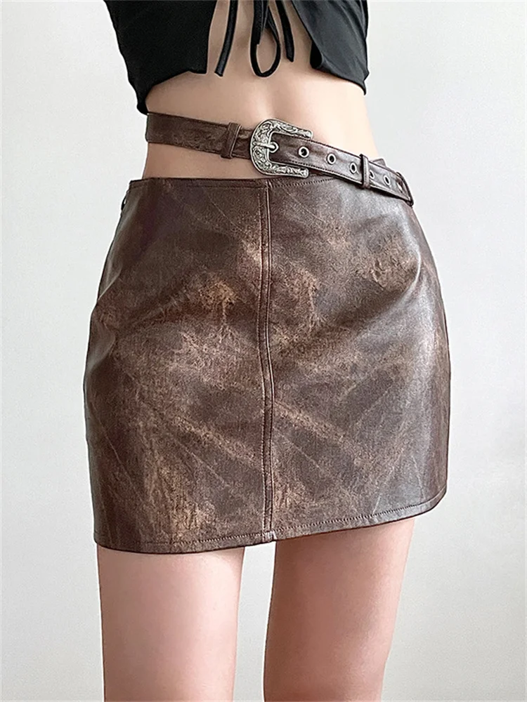 

2023 New Vintage Brown Slim Mini Skirt Women Y2K Casual High Waist Belt Skirt Chic Sweet Cute Preppy Style 90s E Girl Streetwear