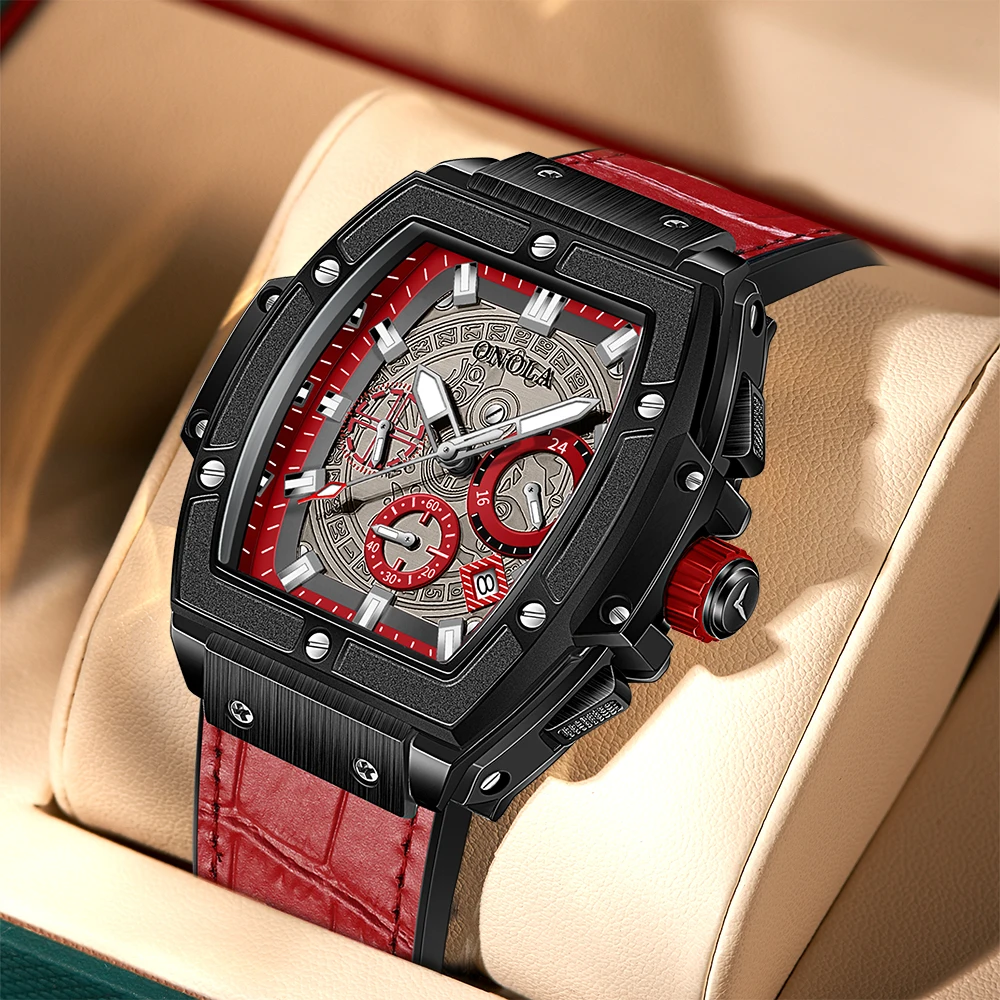 New Tonneau Quartz Watches Men Fashion Wathet Blue Leather Wristwatch Luxury Multifunctional Chronograph Male Clock Dropshiping
