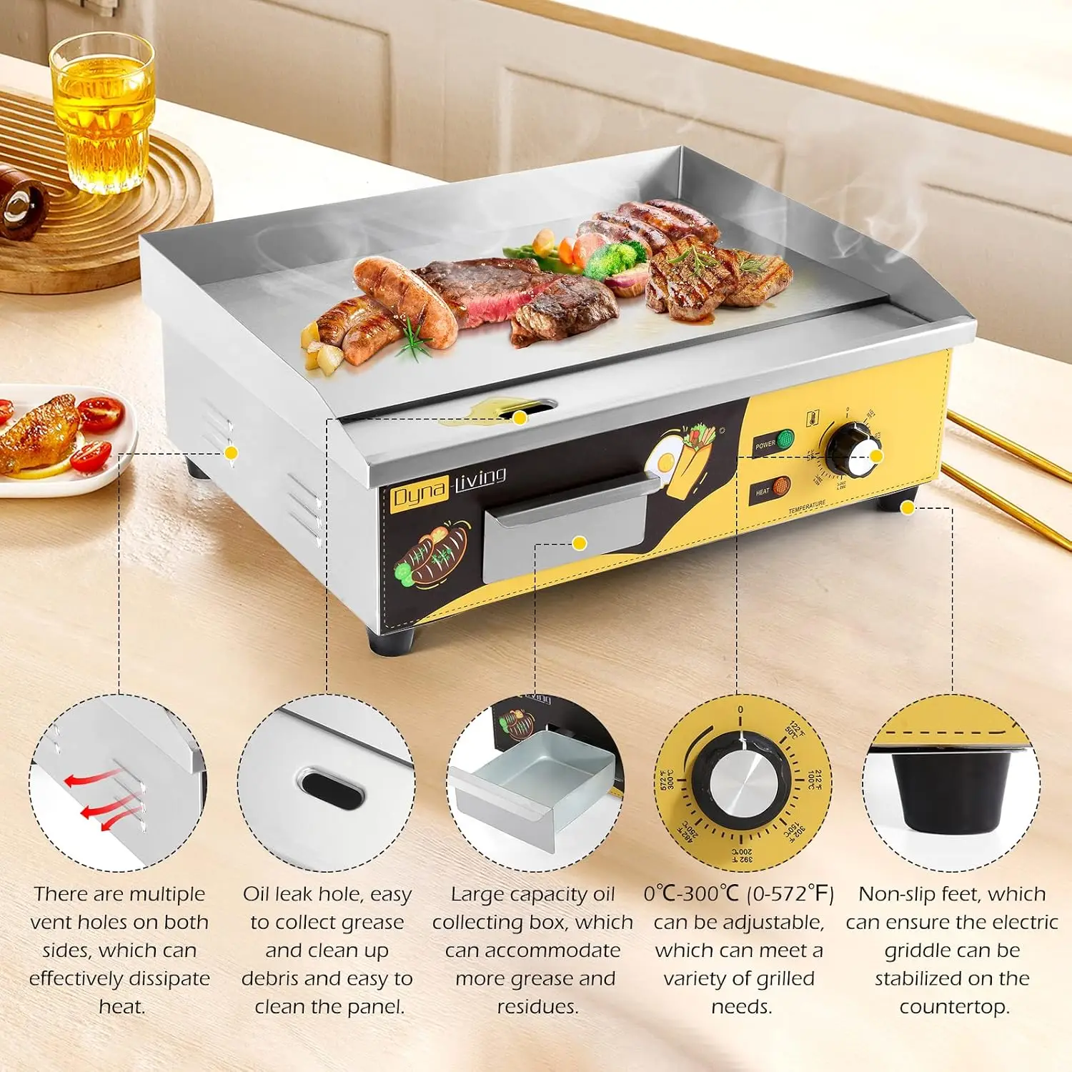 Electric Griddle 22'' Stainless Steel Countertop Griddle 3000W 110V Flat top Grill Electric for Home Kitchen, Restaurant, 122~57 3