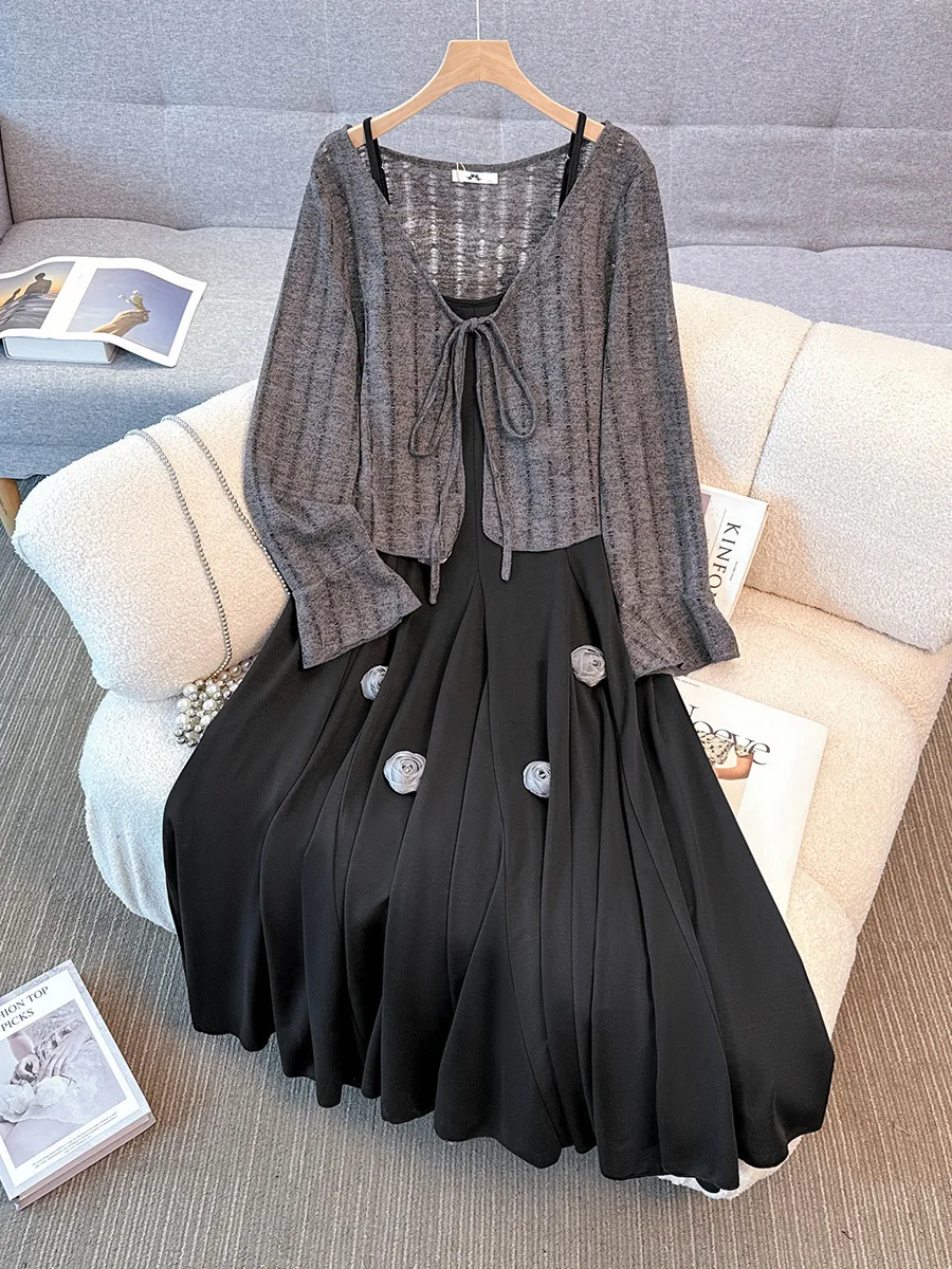 150Kg Plus Size Women's Bust 150 Spring Autumn Retro Camisole Dress Cardigan Two-Piece Set 5XL 6XL 7XL 8XL 9XL