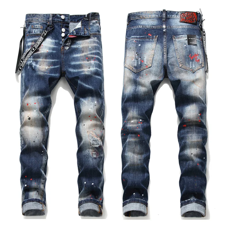 

European and American Tide Blue Hole Patch Fling Paint Personality Type Male Webbing Charm New Jeans Men