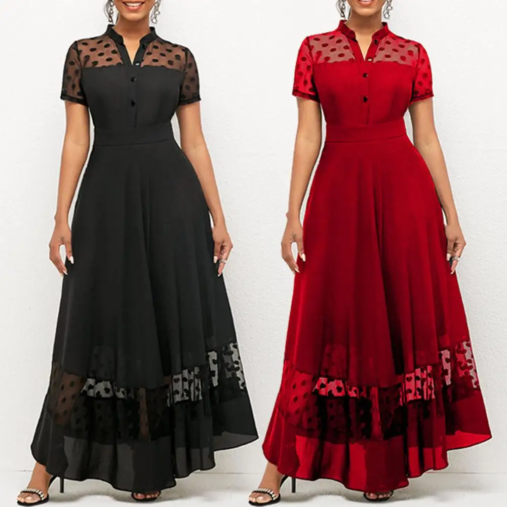 

Women Elegant Embroidery Evening Party Dress Summer Dress Mesh Dot Pattern V Neck Chiffon Slim Large Hem Long Dress for Dating