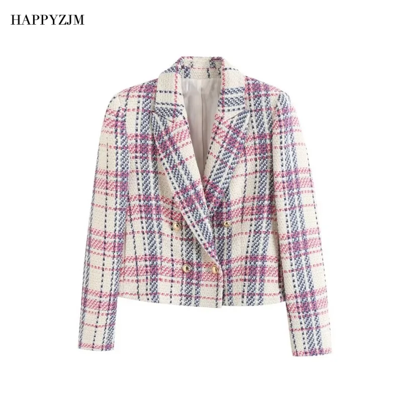 

HAPPYZJM 2023 New Women Textured Double-Breasted Suit Jacket Fashion Long-Sleeved Slim High Waist Short Suit Trend Street Style