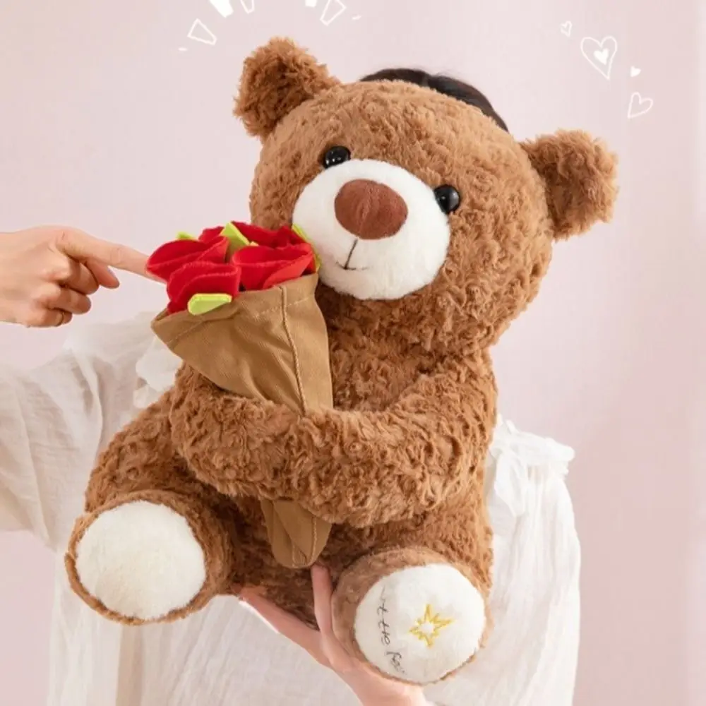 Stuffed Doll Romantic Rose Bear Plush Toy Cartoon Floral Blanket Holding Flowers Bear Doll Detachable Bear Wear Rose Hat Gift