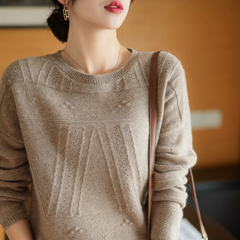 

2022 New Brand Women Sweaters 100% Pure Wool Knitted Oneck Jumpers Hollow Out Fashion Soft Warm Long Sleeve Cashmere Tops