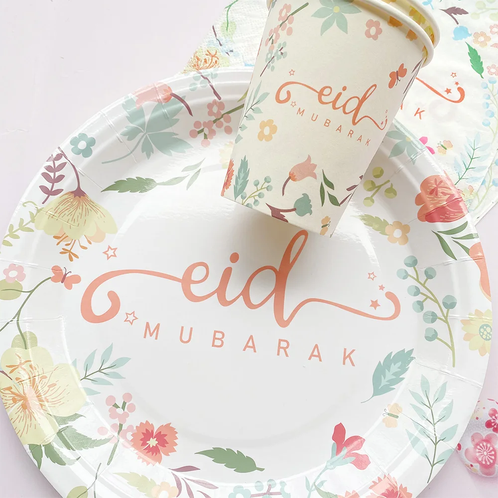 FlowerEIDMubarakPaperPlatesCupsNapkinDecorationRamadan