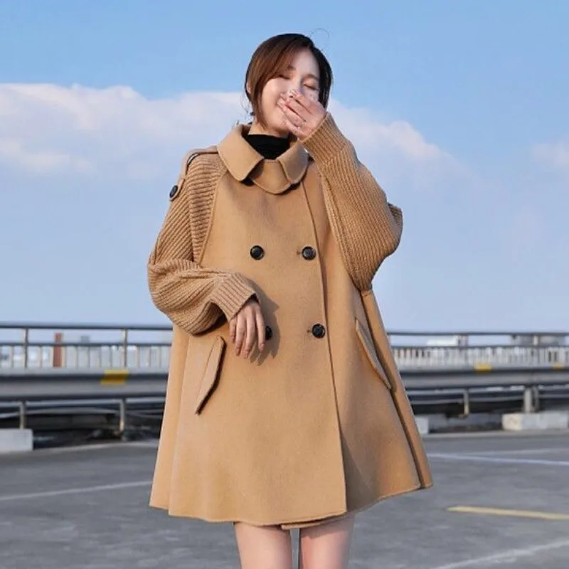 Autumn New Women Double-Sided Wool Overcoat Female Mid-Length Temperament Loose Woolen Coat Fashion Patchwork Casual Outwear