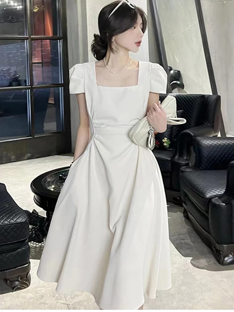 

2023 New Summer Dress Vintage Temperament Ruched Slim Dress Female Short Sleeve For Women's Casual Fashion Party Dress Vestidos