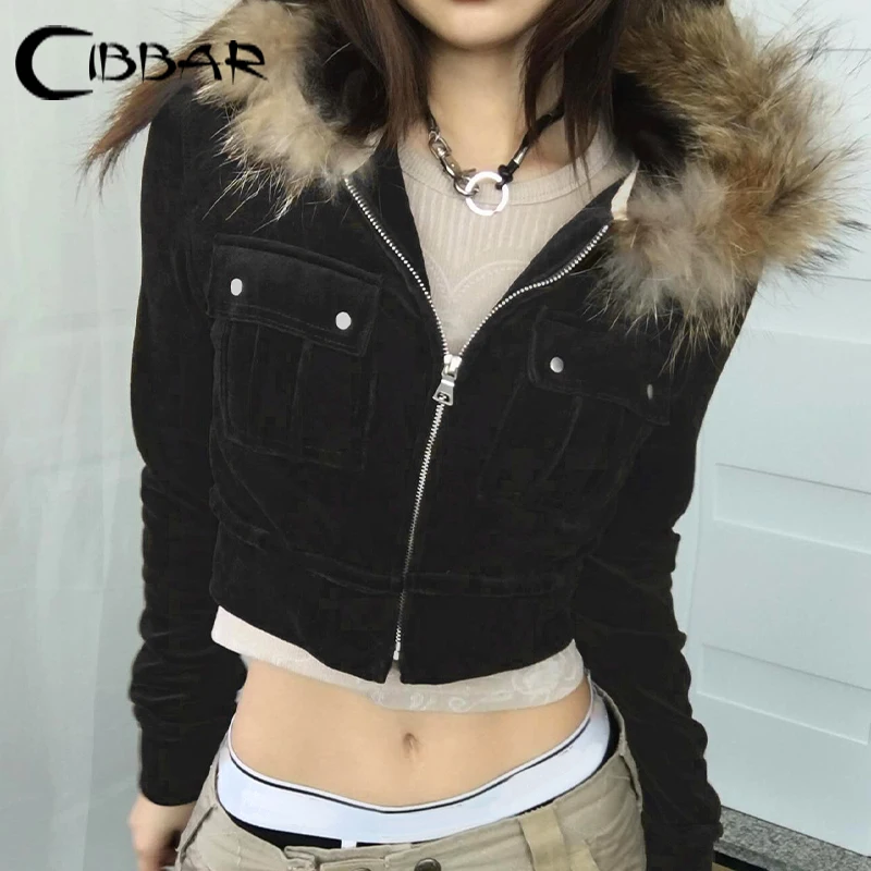 CIBBAR y2k Furry Stitching Hooded Hoodies Vintage 2000s Zip-up Cropped Jackets Women Casual Autumn Outwears Korean Fashion Coats