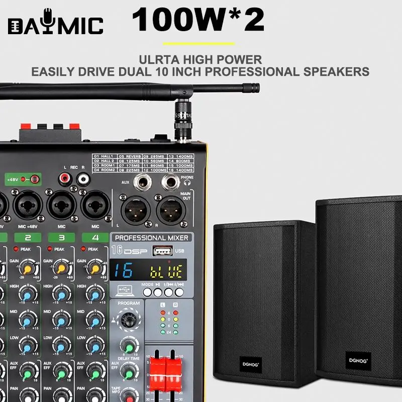 Pro 4 Channel 16 DSP Audio mixerdj controller/audio console mixer With dual wireless Microphone for ktv dj