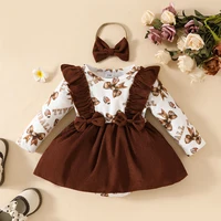 Spring Baby Girl Dress Cute Bow Tie Long Sleeves Jumpsuit+Headband 2PCS Infant Clothing Toddler Dresses Clothes for 0-18Months