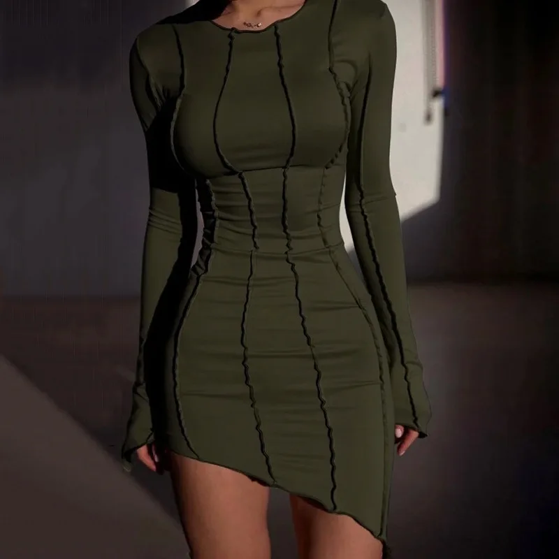 

Соблазнительное однотонное мини-платье с круглым вырезом, женское осеннее облегающее платье с длинным рукавом, элегантное женское Клубное платье, одежда для женщин, платья, короткие платья