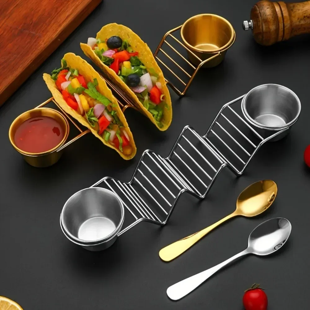 4PCS/Set Taco Holder Stand Set with Sauce Cups and Spoons Stainless Steel Mexican Food Rack Taco Tray for Restaurant Home Use