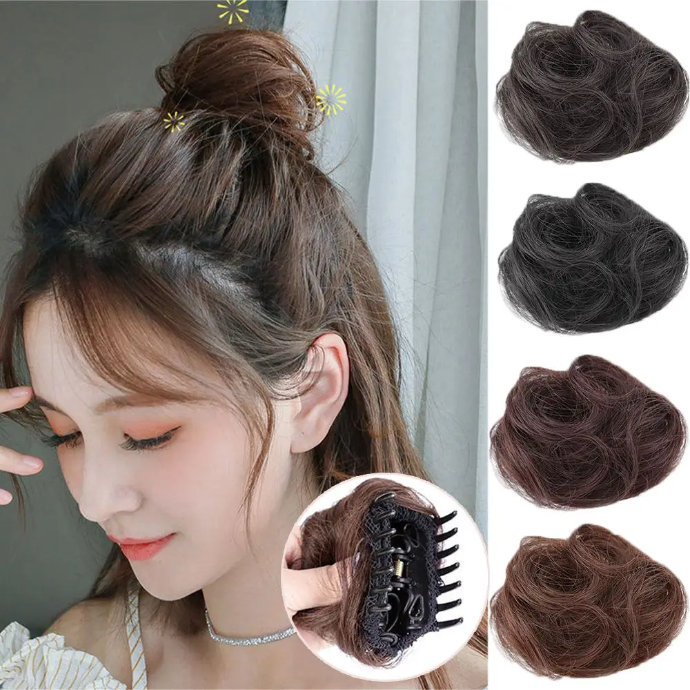 

Women Natural Donut Curly Synthetic Hair Bow Clip in/on Messy Bun Ponytails Claw Hair Bun Hairpiece Short Curly Chignon
