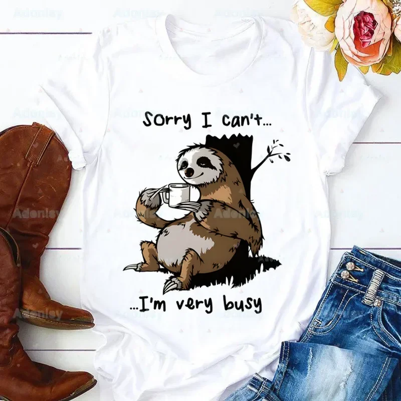 

Кавайная Ленивец извините, я не могу быть очень занята футболка, Женская Повседневная белая рубашка с круглым вырезом, женская футболка с коротким рукавом и графическим принтом