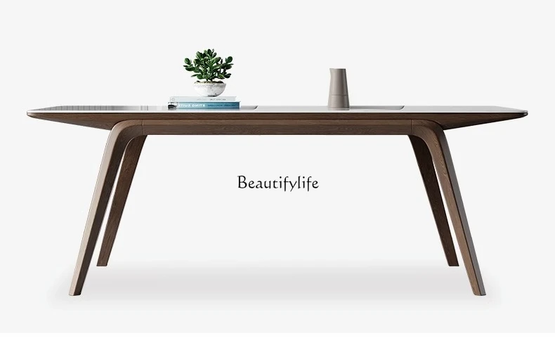 

Minimalist Stone Plate Dining Table Modern Minimalist Solid Wood Ash Walnut Matte White Rice Table
