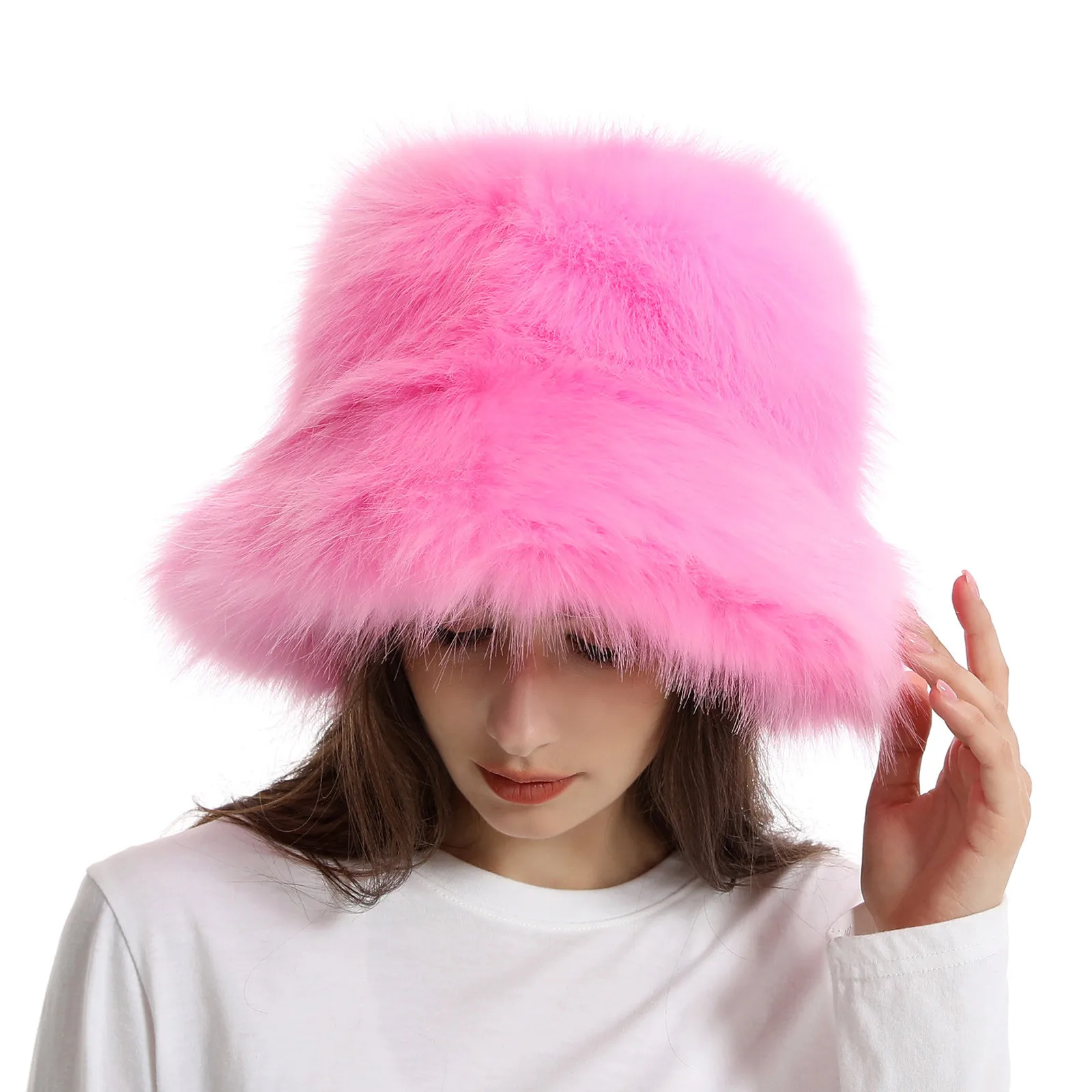 

Women Solid Bucket Hat Thickened Warm Faux fur Basin Hat With Wide Brim For Winter Headwear Travel Caps Female Fishermen Hats