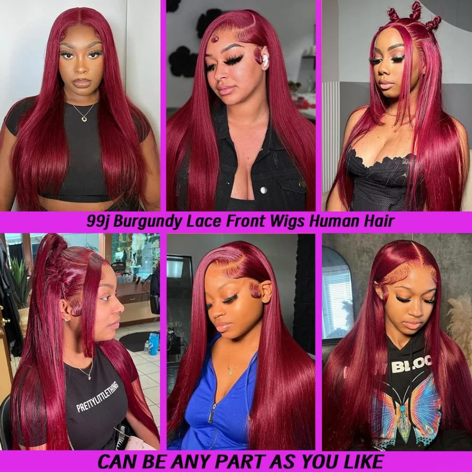 99J Burgundy Straight Human Hair Wigs 13X6 Hd Lace Frontal Wig Red Colored Preplucked Brazilian 250 Density For Women 30 36 Inch