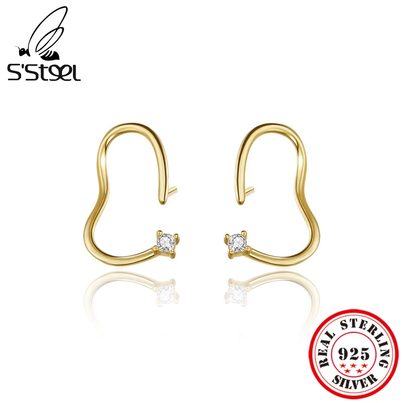 

S'STEEL Genuine 925 Sterling Silver Irregular Zircon Earrings Small Gold Studs Earing For Women 2022 Luxury Trend Fine Jewelry