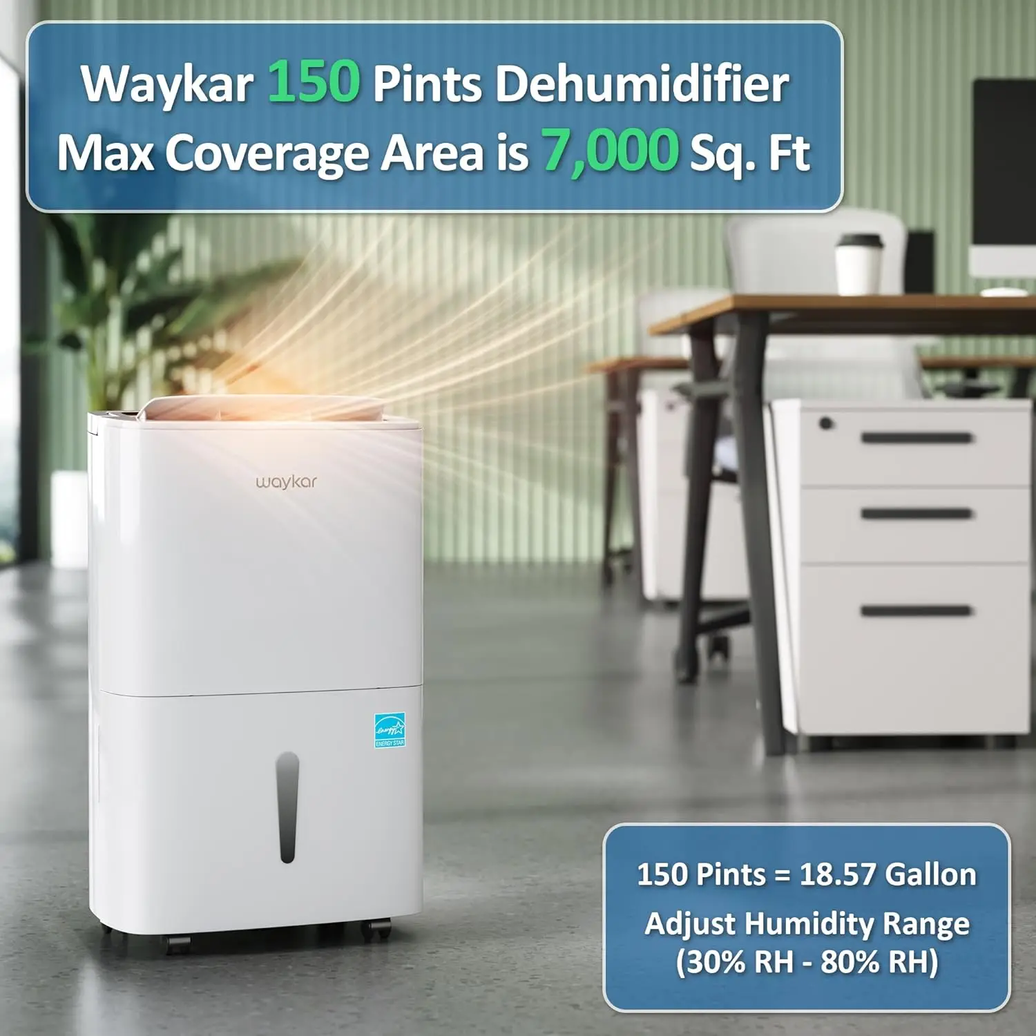 

Waykar 150 пинт, осушитель Energy Star для помещений площадью до 7000 кв. м. Ft в коммерческих и промышленных больших помещениях, складах,