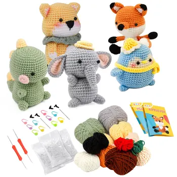 🧵 KRABALL Crochet Animal Friends Kit – Elephant, Dinosaur, Bear, Bird, & Fox 1