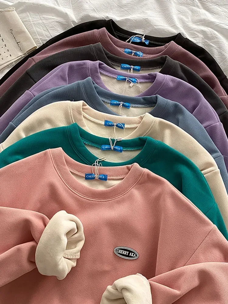 Women Sweatshirt 2024 New Autumn Winter Loose Women's Fleece Thickened Winter Pink Round Neck Top 8 Colors Oversized Sweatshirt