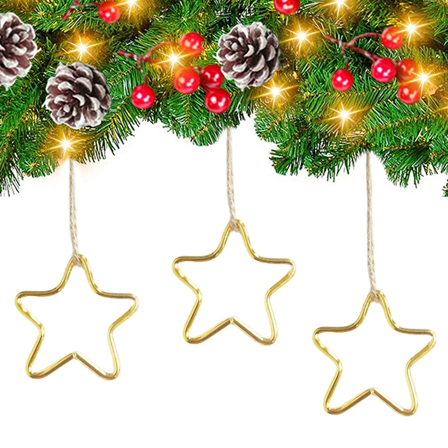 6-Piece Set of Golden Star Pendants for Christmas Tree Decoration, High-Quality Metal Iron Art for Holiday Celebrations, Wreaths, Fireplace, Stair Railings, Door Lintels, DIY Ornament Accessories