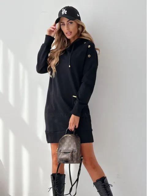 

2024 Spring Women's Hoodies Dress Black Hooded Pocket Long Sleeve Warm Dresses Winter New Casual Fashion Trendy Clothing Ladies