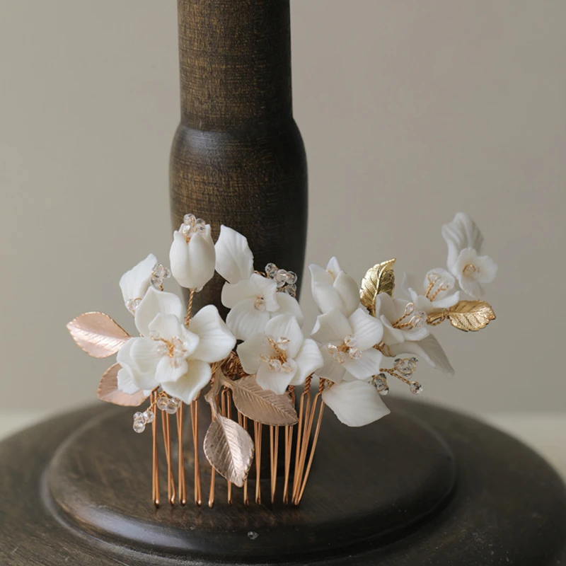 

White Porcelain Flower Wedding Comb Hair Piece Delicate Bridal Headpiece Handmade Women Hair Jewelry