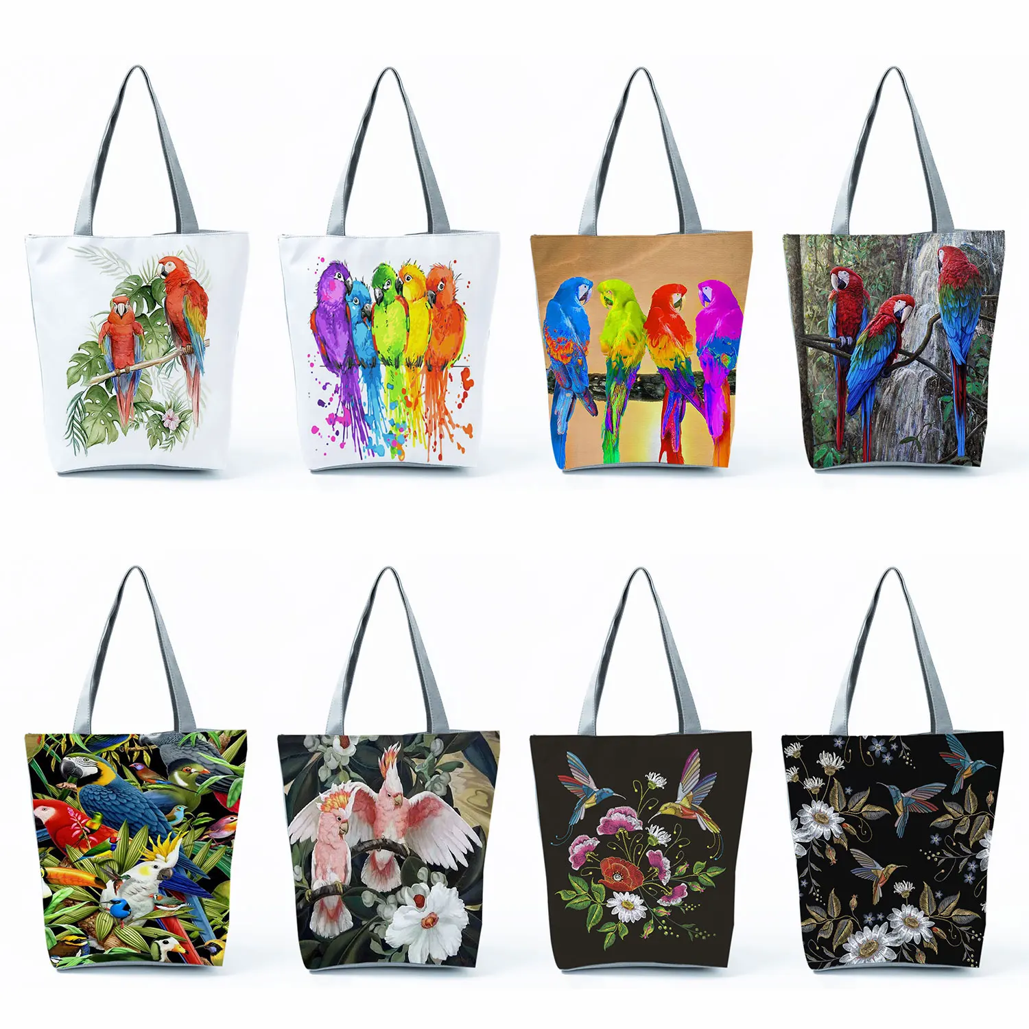 

New Black Chinese Shoulder Bags Hummingbird Parrot Print Handbags High Capacity Portable Shopping Bag Floral Tote Bags For Women