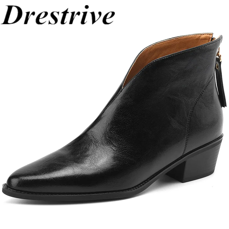 

Drestrive 2023 Top Quality Handmade Women Ankle Boots Full Genuine Leather Zipper Pointed Toe Thick Mid Heels Winter Shoes