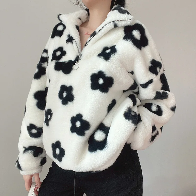 Winter New Women's Sweater Coat Fashion Contrast Color Flower Plush Long-sleeved Pullover Sweater Casual Half Zipper Loose Lapel