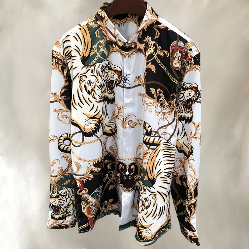 

Рубашка мужская с длинным рукавом, цветная винтажная сорочка с принтом тигра, в британском стиле, повседневная одежда в итальянском стиле, на весну