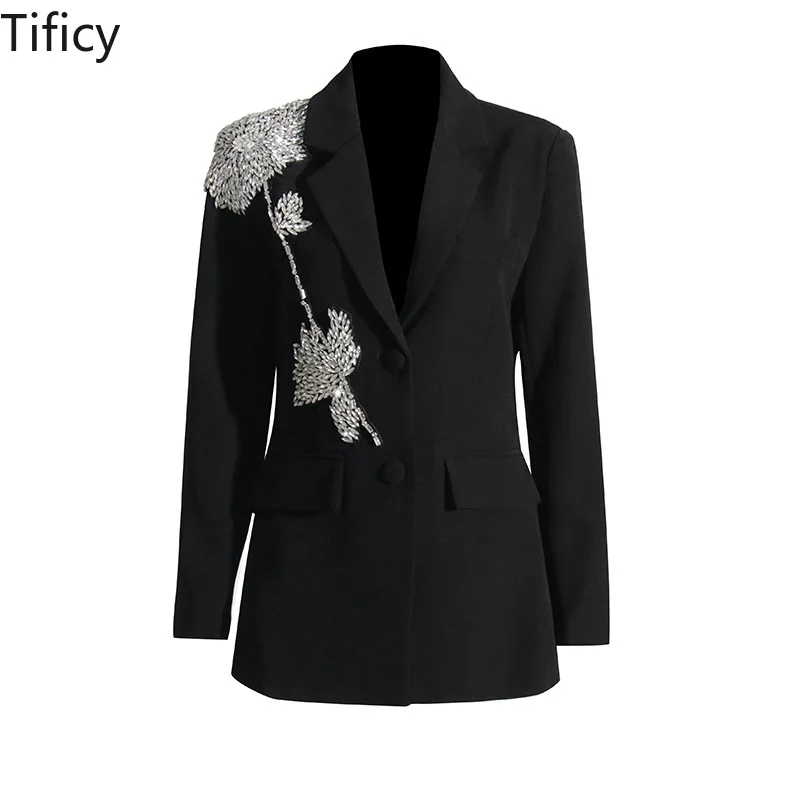 TIFICY Solid Color Small Blazer Women's Spring New Fashion Polo Collar Splice Heavy Work Decoration Pocket Splice Suit Jacket