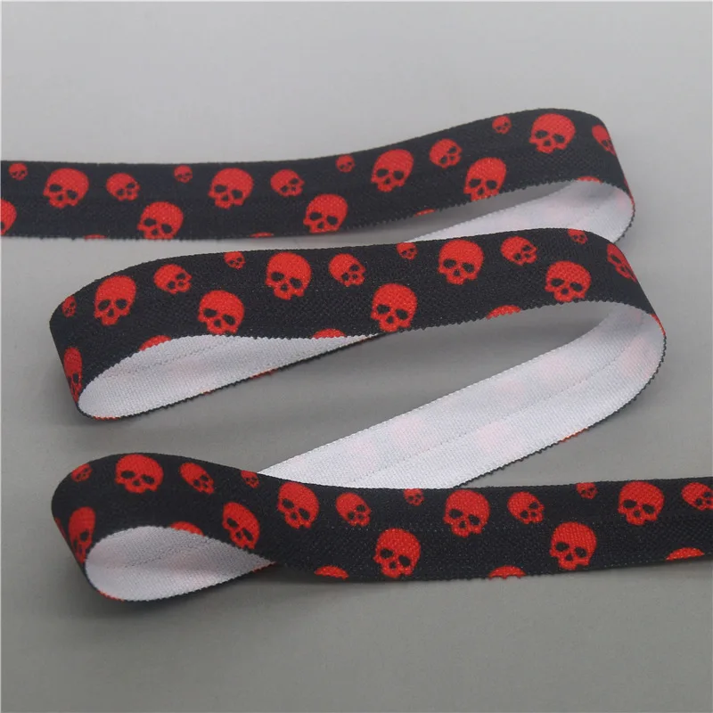DHK 5/8'' 5yards Skull Printed Fold Elastic FOE Stretch Ribbon Hairbow Accessories Craft DIY Sewing E