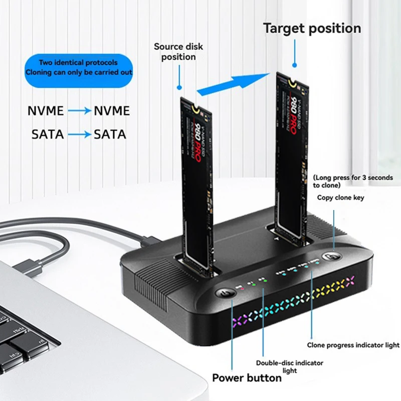 M.2 NVMe/SATA SSD 케이스 듀얼베이 도킹 스테이션 10Gbps 오프라인 복제 하드 디스크 복사기 RGB 조명 GEN2 SSD 어댑터 인클로저
