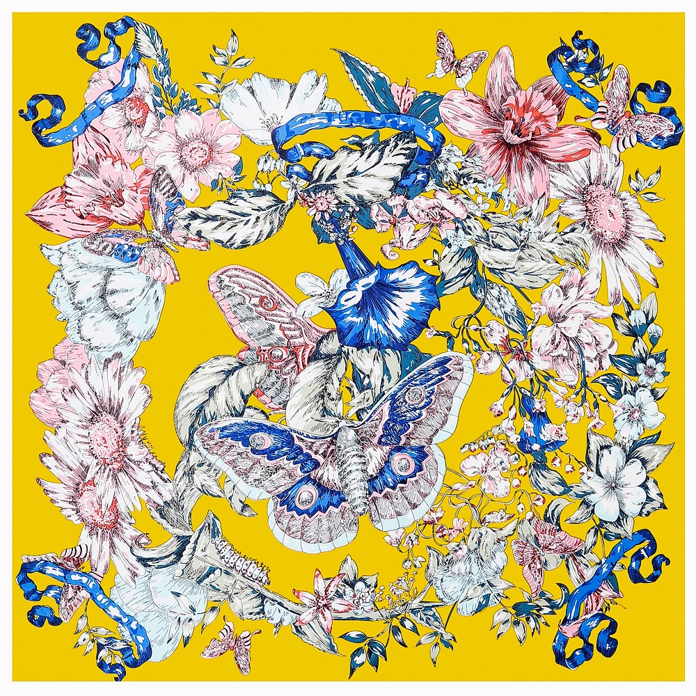 

130cm 100% Silk Scarf Butterfly Floral Print Flowers Square Scarf Fashion Design Women Shawl Bandana Kerchief Scarves HijabSjaal
