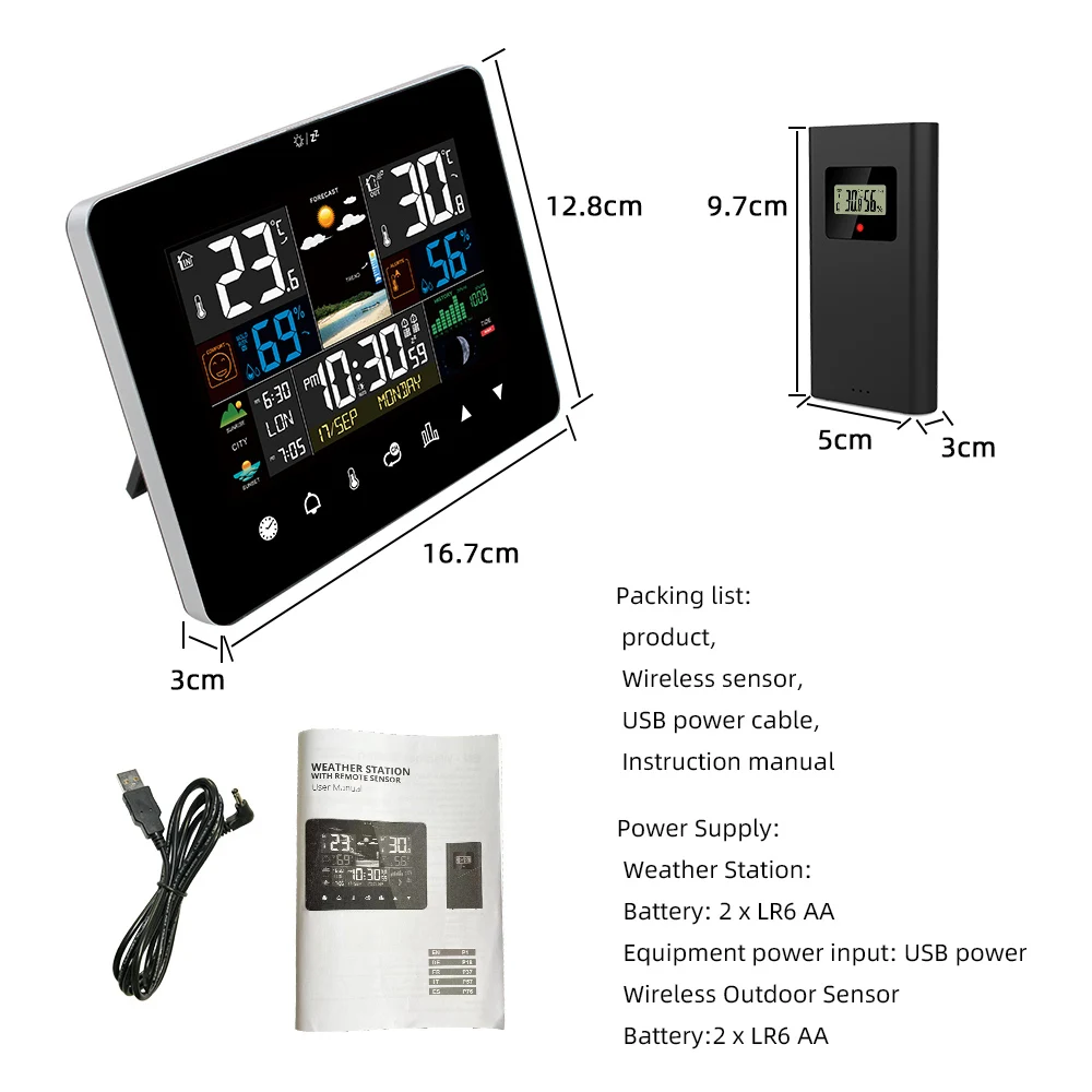 【HOT】Weather Station Alarm Clock Thermometer Hygrometer Touch Screen Wireless Sensor Sunrise Sunset Hygrothermograph