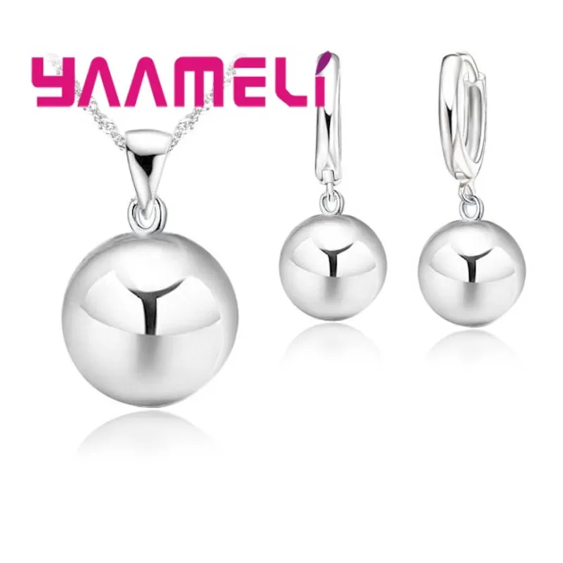 Jewelry Sets for Wedding Engagement 925 Silver Color 12MM Smooth Ball Round Metal Stone Necklaces Earrings Anniversary Gift - 3
