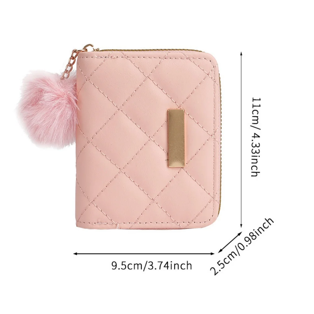 ISKYBOB Women Short Wallets Fashion Diamond Grid Fur Ball PU Leather Card Holder Female Small Coin Purses Zipper Money Bag 6