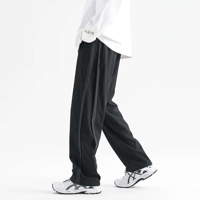 Black patchwork athletic casual pants women's spring thin loose straight-leg wide-leg pants
