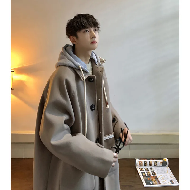 Korean Style Medium To Long Woolen Coat for Men Autumn Winter Loose Fake Two Pieces Hooded Windbreaker Jackets Y2k Men Clothing