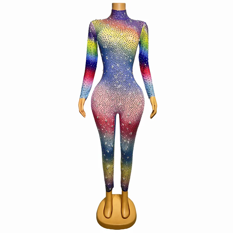 

Stock Rhinestone Customize Sequined Bodysuits For Women Stretch Gradient Shiny Sexy Club Clothes Plus Size Jumpsuit