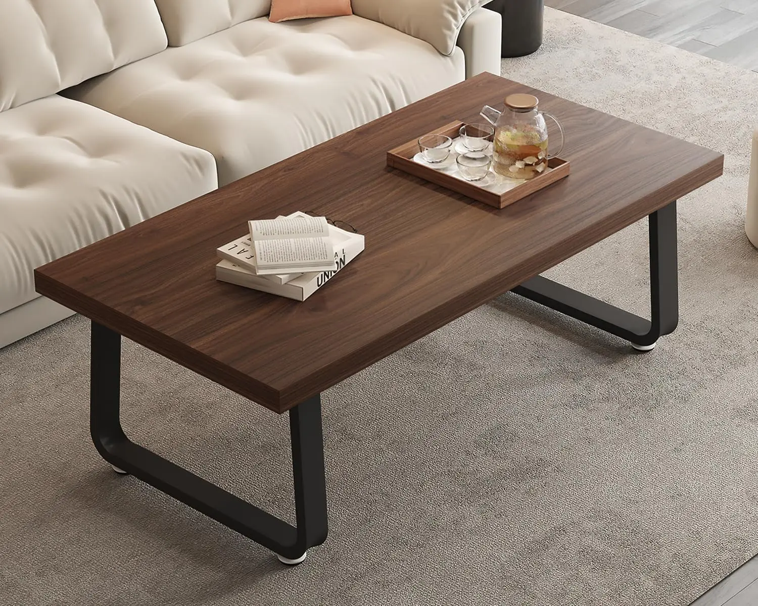 Rustic Walnut Coffee Table, Modern Center Table, Rectangle Industrial Living Room Coffee Table, Simple Farmhouse , Walnut, 47 in