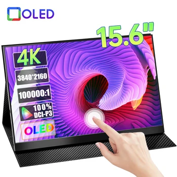 AMOLED 터치 스크린 휴대용 모니터, PC 노트북 휴대폰 PS5 Xbox용 게이밍 디스플레이, 15.6 인치, 4K, 3840x2160P, 400Nit, HDR, 100000:1, 1MS