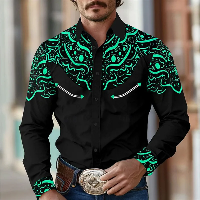 thumbnail image 1 of Camisa de hombre estilo occidental retro geométrico para exteriores, informal, de calle, para uso diario, primavera y otoño, con solapa, manga larga, tallas S-5XL, tela elástica, 1 of 5